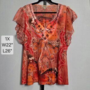 One World Top Women's 1X Orange Butterfly Flutter Sleeve Beaded Sheer Mesh Boho